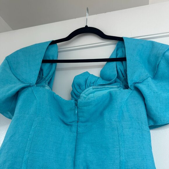 NWT Cult Gaia Asal Mini Dress In Nile Sz 8 Off-Shoulder Plunge Neck Puff Sleeve - Picture 9 of 9